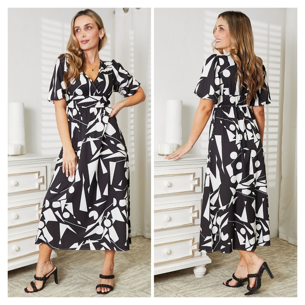 Black Printed V-Neck Surplice Balloon Sleeve Dress